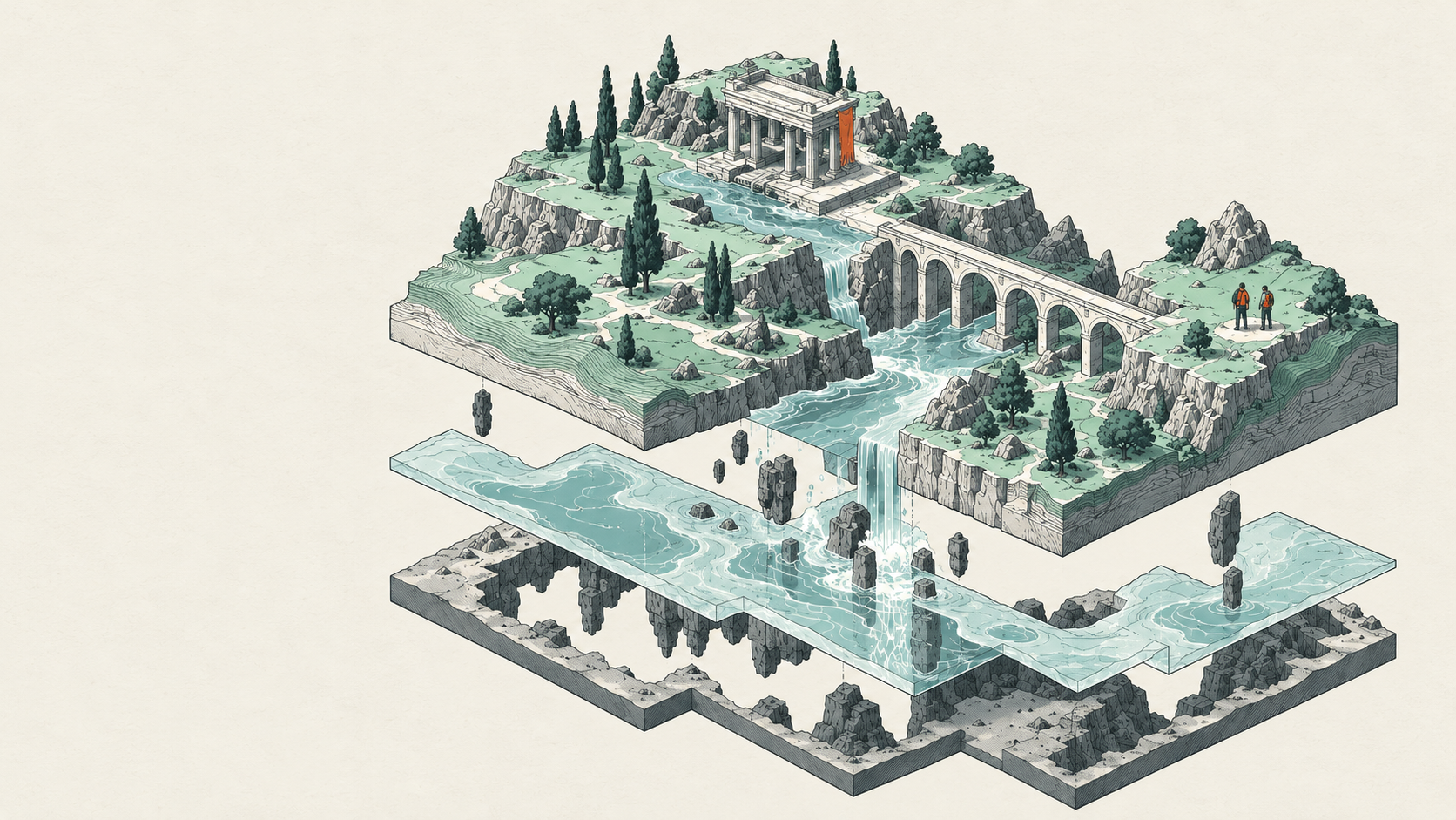 An illustrated world opened into layers of terrain, water, rock, and architecture