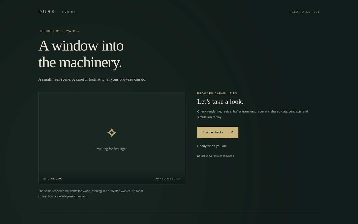 The Dusk Observatory, with its forest-green interface, cream typography and brass accents